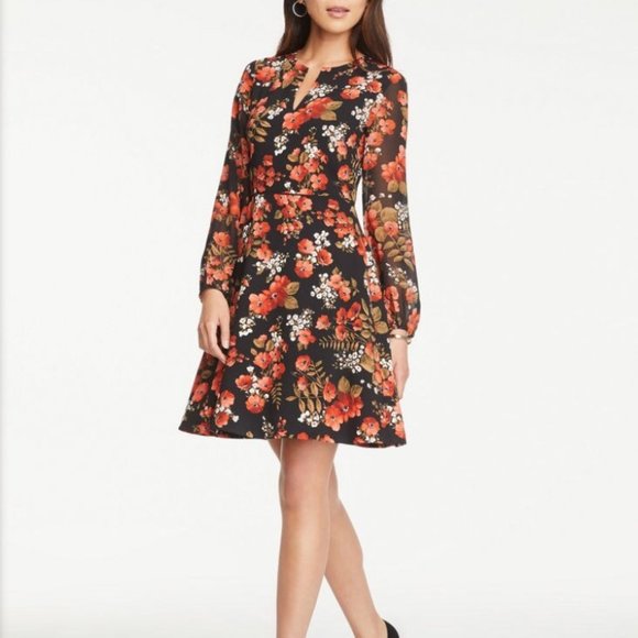 Ann Taylor Factory Dresses & Skirts - Ann Taylor Black Red Floral Split Neck Flare Dress